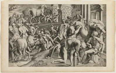 El caballo de Troya siendo arrastrado a la ciudad de Troya