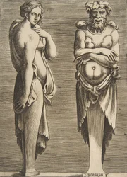 Dos términos, una ninfa a la izquierda Silvano a la derecha, ca. 1530-50