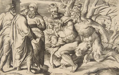 Dos sátiros trayendo a Sileno, el rey Midas de pie a la izquierda, 1531-76