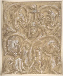 Diseño para un panel ornamental con rinceaux, sátiros, putti, monstruos y una cabeza humana, 1535-45