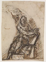 Hombre sentado con una tablilla de escritura(?). Detalle arquitectónico