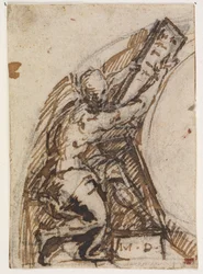 Hombre sentado con una tablilla de escritura(?). Detalle arquitectónico