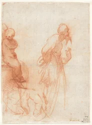 a) Estudios de figuras y una mano (anverso); b) Estudios de un toro (reverso), c.1530 (tiza roja sobre papel)