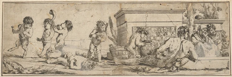 Bacanalia con sátiros infantiles y putti a la izquierda, una figura masculina desnuda reclinada al frente, 1633-78