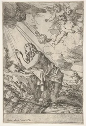 Magdalena penitente arrodillada en un suelo rocoso ante un cráneo y huesos, un ungüento..., ca. 1640-55