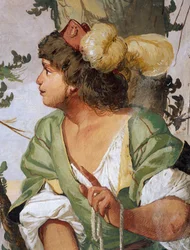 El pastor Silvio hiere accidentalmente a la ninfa Dorinda y se enamora de ella, fresco de Giulio Carpioni, inspirado en la obra pastoral El Pastor Fiel, de Giovanni Battista Guarini, Villa Caldogno, Caldogno, Véneto, Italia