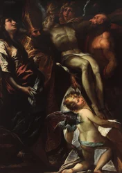 El Descendimiento de la Cruz con los santos María Magdalena, Agustín, Jerónimo y los ángeles, c.1618 (óleo sobre lienzo)
