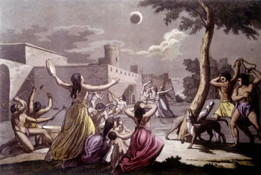 Antiguos perusianos (incas) ante un eclipse de luna - en "El traje antiguo y moderno" de Jules Ferrario