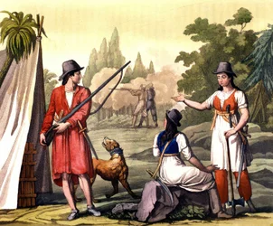 Bucaneros y mujeres flibutantes: el pirata Jack Rackham dice el Rojo o John Rackham, más conocido como Calico Jack (? -1720) representado con Anne Bonny (Bonney) y Mary (Marc) Read en las Indias Occidentales. Lámina extraída de "The old and modern costume"