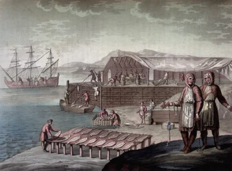 La pesca del bacalao realizada por los habitantes de Terranova - en "Le costume ancien et moderne" de Ferrario, ed. Milan