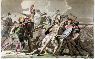 Lucha por el cadáver de Patroclo (Guerra de Troya) - en "Le Costume ancien et moderne" de Ferrario, ed. Milán