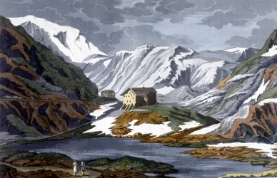 Hospicio del Gran San Bernardo en Suiza - en "Le costume ancien et moderne" de Ferrario, ed. Milán
