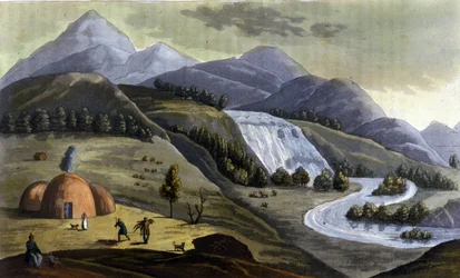 Paisaje de Laponia (territorios pertenecientes a Noruega, Suecia, Finlandia y Rusia), viviendas de los indígenas (sami) en "El traje antiguo y moderno" de Ferrario, ed. Milan