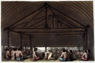 En la isla de los Amigos (Tonga), el rey Pulaho bebe el Kava - en "El traje antiguo y el moderno" del Dr. Jules Ferrario, ed. Milan