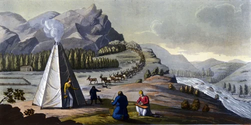 Paisaje sami: indígenas que viven en las tierras de los países nórdicos (Noruega, Finlandia, Suecia y Rusia) haciendo cestas de mimbre, limpiando el pescado cerca de una tienda. en "El traje antiguo y moderno" de Ferrario, ed. Milan