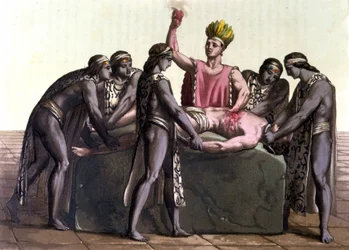 Topiltzin (sumo sacerdote de las antiguas civilizaciones mexicanas) realizando un sacrificio humano - en "El traje antiguo y moderno" de J. ferrario