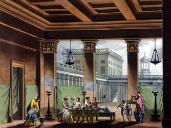 Lámparas de aceite encendidas en la antigua Grecia: escena del banquete - en El traje antiguo y moderno de Jules Ferrario, ed. Milan