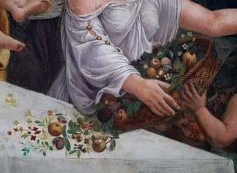 Una cesta de frutas y flores, (detalle) del banquete rústico celebrando el matrimonio de Cupido y Psique de la Sala de Amor y Psique, 1528