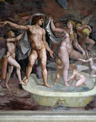 Baño de Marte y Venus, fresco de Giulio Romano (1499-1546), pared norte de la Cámara de Cupido y Psique, Palazzo Te, Mantua (Lista del Patrimonio Mundial de la UNESCO, 2008), Lombardía, Italia
