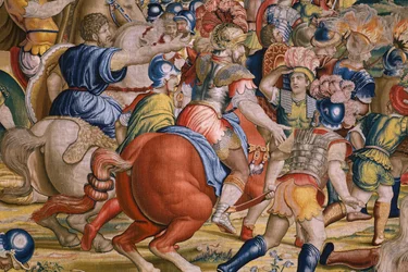 Tapiz flamenco. Serie Las Actas de Escipión: La batalla de Zama. Dibujante Giulio Romano. Atelier de Balthasar van Vlierden (?), Bruselas. 1523-1532. Detalle.