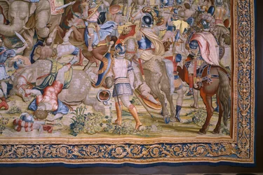 Tapiz flamenco. Serie Las Actas de Escipión: La batalla de Zama. Dibujante Giulio Romano. Atelier de Balthasar van Vlierden (?), Bruselas. 1523-1532. Detalle.