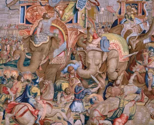 Tapiz flamenco. Serie Los Hechos de Escipión. La batalla de Zama. Dibujante Giulio Romano. Atelier de Balthasar van Vlierden (?), Bruselas. 1523-1532. Detalle.