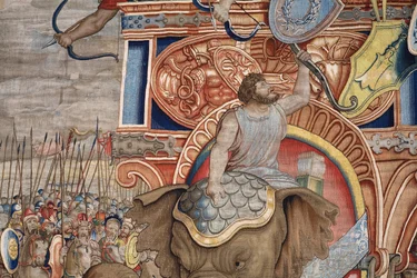 Tapiz flamenco. Serie Los Hechos de Escipión. La batalla de Zama. Dibujante Giulio Romano. Atelier de Balthasar van Vlierden (?), Bruselas. 1523-1532. Detalle.