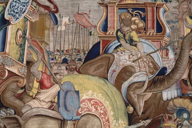 Tapiz flamenco. Serie Los Hechos de Escipión. La batalla de Zama. Dibujante Giulio Romano. Atelier de Balthasar van Vlierden (?), Bruselas. 1523-1532. Detalle.