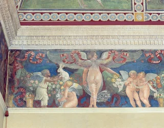 Friso de la Camera con Fregio di Amorini, Cámara del Friso de los Cupidos, detalle de dos cupidos, uno negro, jugando con conejos, década de 1520