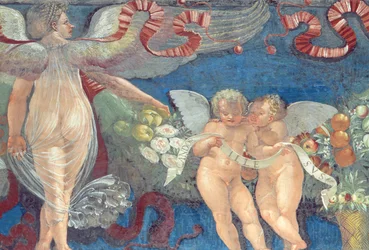 Friso de la Cámara con Friso de Amorini detalle de dos putti y un ángel (detalle)