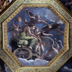 Venus furiosa nombra Psique a Cupido para castigarla. Fresco de Giulio Pippi de