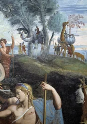 Banquete noble (pared sur), detalle: camellos y jirafa. Fresco de Giulio Pippi de