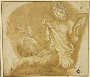Fauno sentado sosteniendo una cornucopia (recto); Boceto de árbol y casa (verso)