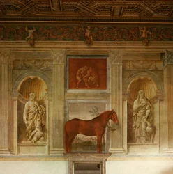 La Sala de los Caballos con pinturas murales de los caballos favoritos de Federico II Gonzaga (fresco)