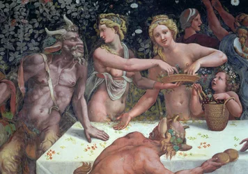 Dos Horae esparciendo flores, observadas por dos sátiros, (detalle) del banquete rústico celebrando el matrimonio de Cupido y Psique de la Sala de Amor y Psique, 1528