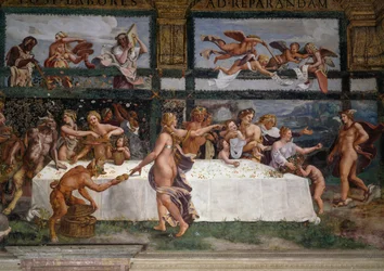 Banquete de bodas o Banquete de dioses, fresco de Giulio Romano (1499-1546), pared oeste de la Cámara de Cupido y Psique, Palazzo Te, Mantua (Lista del Patrimonio Mundial de la UNESCO, 2008), Lombardía, Italia