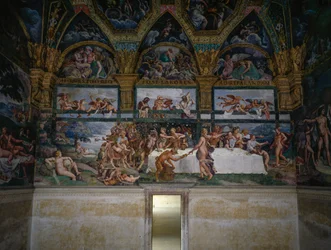Banquete de bodas o Banquete de dioses, fresco de Giulio Romano (1499-1546), pared oeste de la Cámara de Cupido y Psique, Palazzo Te, Mantua (Lista del Patrimonio Mundial de la UNESCO, 2008), Lombardía, Italia