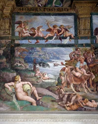 Banquete de bodas o Banquete de los dioses, fresco de Giulio Romano (1499-1546), pared oeste de la Cámara de Cupido y Psique, Palazzo Te, Mantua (Lista del Patrimonio Mundial de la UNESCO, 2008), Lombardía, Italia