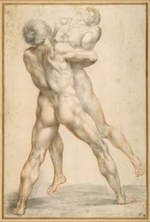 Hércules luchando con Anteo (tizas negras y rojas sobre papel blanco)