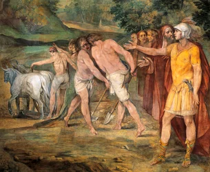 Rómulo marcando los límites de Roma, de Giuseppe Cesari (1568-1640), fresco, Sala de los Horacios y Curiacios, Palacio de los Conservatorios, Roma, Reino Romano, Italia