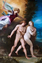 La expulsión del Paraíso, c.1600-40 (óleo sobre cobre)