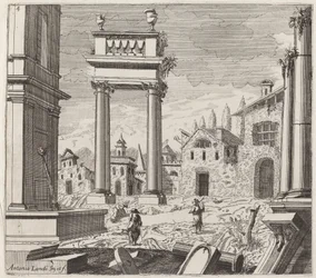 Fantasía arquitectónica con ruinas clásicas y edificios vernáculos