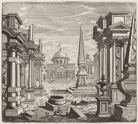 Fantasía arquitectónica con obeliscos, ruinas y una plaza