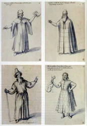 Diseño de vestuario para figuras clásicas. Arriba a la izquierda: Aristarchos. Arriba a la derecha: Aristóteles. Guiseppe Arcimboldo (c1530-1593) Pintor italiano. Pluma, tinta azul y acuarela sobre papel.