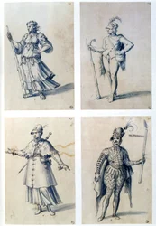 Diseños de vestuario para personajes alegóricos. Guiseppe Arcimboldo (c1530-1593) Pintor italiano. Pluma, tinta azul y acuarela sobre papel.