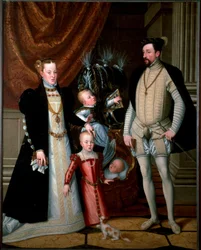 El emperador Maximiliano II (1527-1576) con su familia: María de España (1528-1603) y sus hijos Ana (1549-1580), Rodolfo (1552-1612) y Ernesto (1553-1591). Pintura de Giuseppe Arcimboldi (o Arcimboldo) (1527-1593), 1553, 188x240 cm, castillo de Ambras
