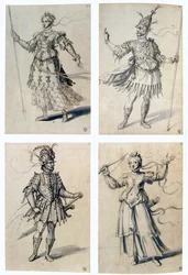Guiseppe Arcimboldo (c1530-1593) Pintor italiano. Diseños de trajes para deidades clásicas. Diana/Artemisa y Marte/Ares. Guiseppe Arcimboldo (c1530-1593) Pintor italiano. Pluma, tinta azul y acuarela sobre papel.