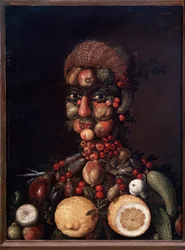 Figura humana hecha de frutas y verduras