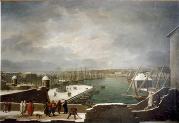 Vista del puerto de Génova cubierto de nieve