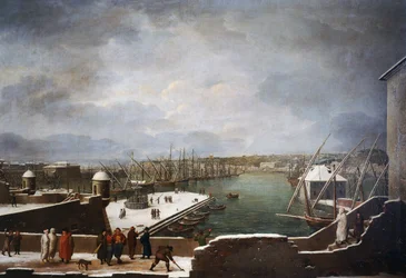 Vista del puerto de Génova en la nieve